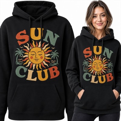 Bluza damska z kapturem „Sun Club” ze słońcem i palmami - wakacyjny motyw retro