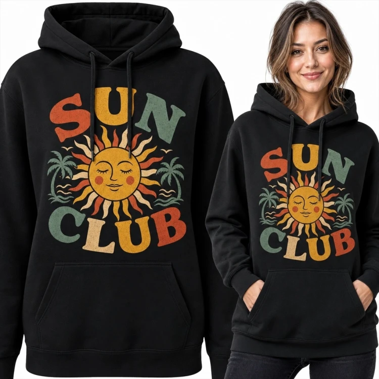 Bluza damska z kapturem „Sun Club” ze słońcem i palmami - wakacyjny motyw retro