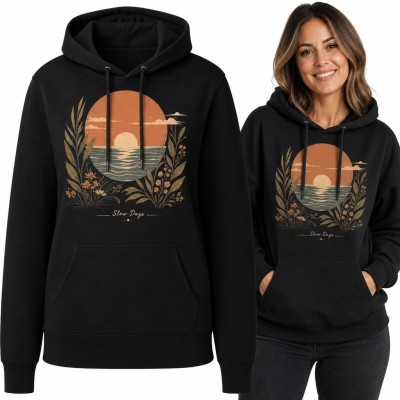 Bluza damska z kapturem z zachodem słońca w stylu boho - motyw slow life