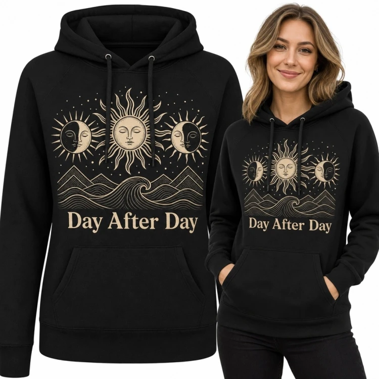 Bluza damska z kapturem ze słońcem i fazami księżyca „Day After Day” - motyw boho