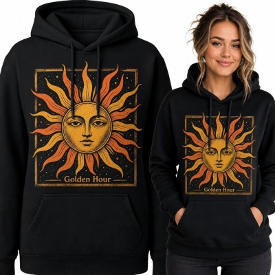 Bluza damska z kapturem ze słońcem „Golden Hour” - styl retro