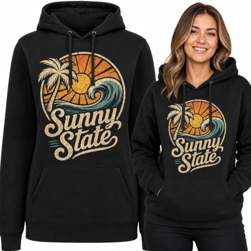Bluza damska z kapturem „Sunny State” - retro surf z palmami i falą