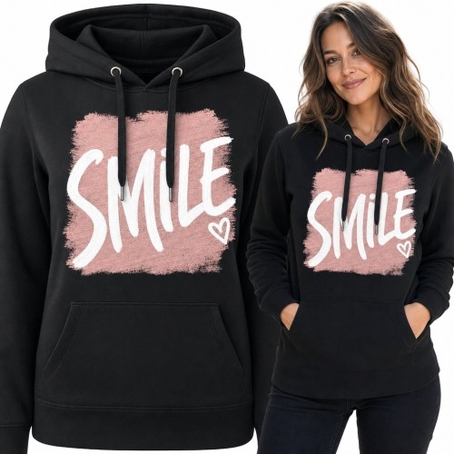 Bluza damska z kapturem z różowym malarskim nadrukiem „Smile” - pozytywny motyw