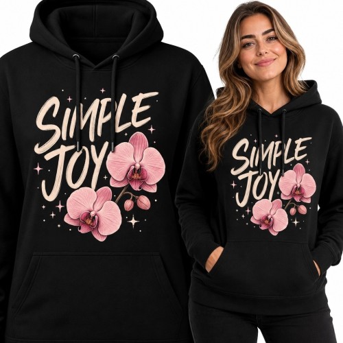Bluza damska z kapturem - różowe orchidee i napis „Simple Joy”