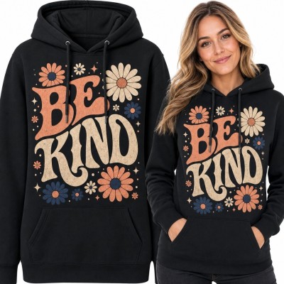 Bluza damska z kapturem „Be Kind” - kwiatowy wzór retro