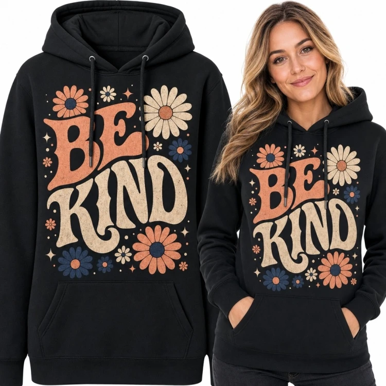 Bluza damska z kapturem „Be Kind” - kwiatowy wzór retro