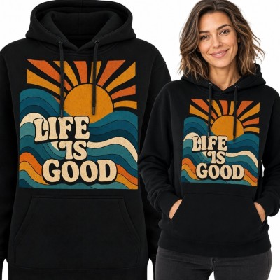 Bluza damska z kapturem - retro zachód słońca i napis „Life Is Good”