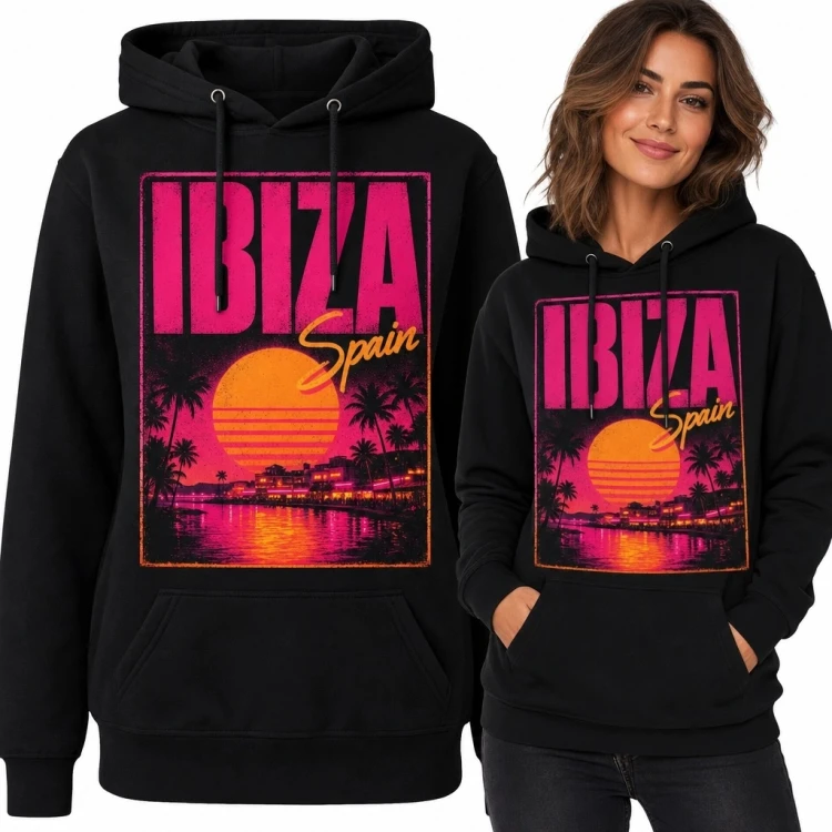 Bluza damska z kapturem „Ibiza Spain” - neonowy zachód słońca