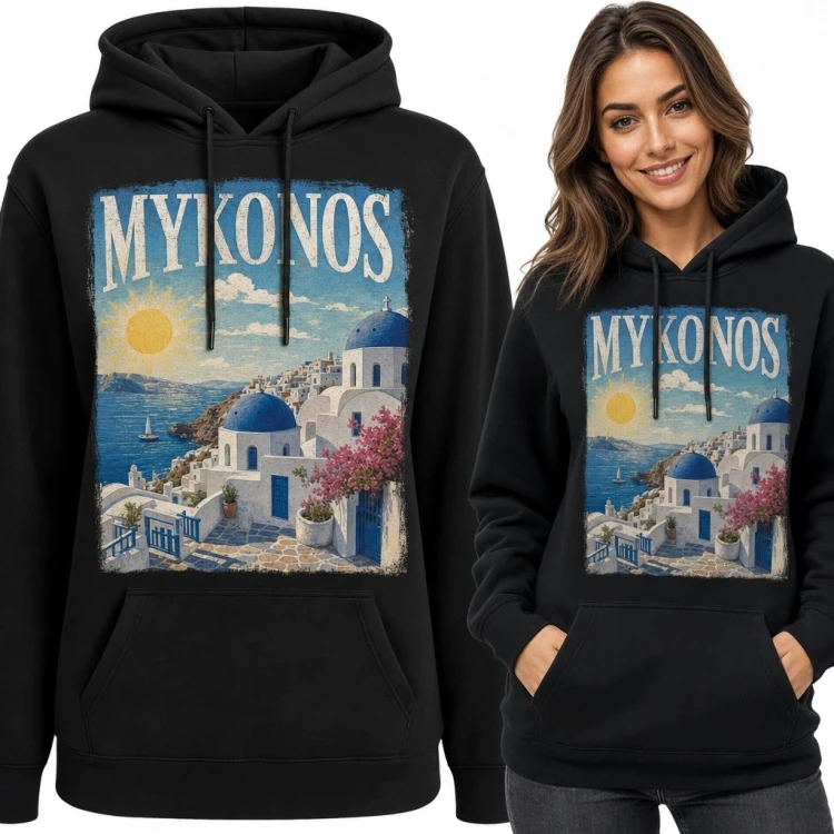 Bluza damska z kapturem „Mykonos” - grecki pejzaż w stylu retro