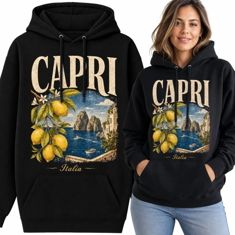 Bluza damska z kapturem „Capri” - cytryny i skały Faraglioni