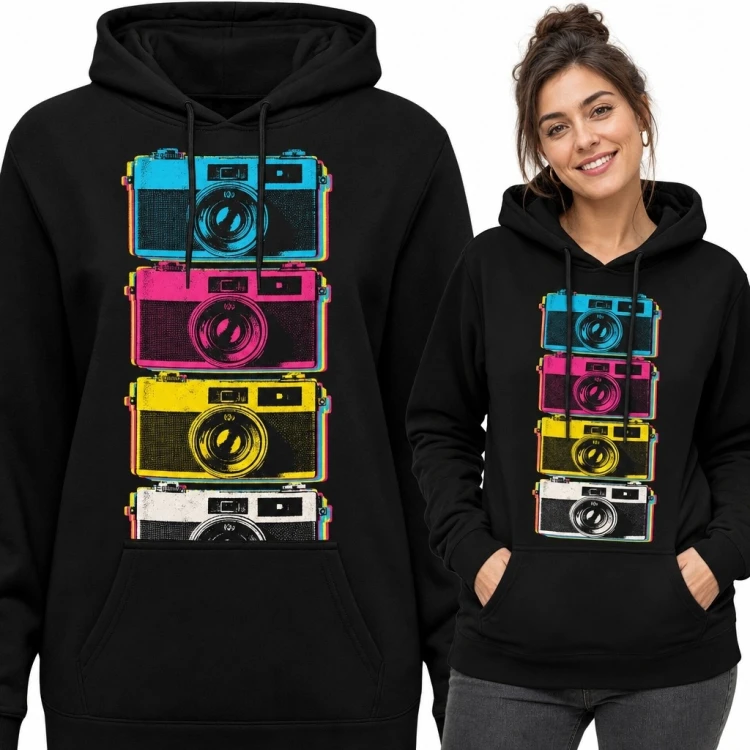 Bluza damska z kapturem - kolorowe aparaty fotograficzne retro