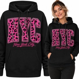 Bluza damska z kapturem „NYC” - różowy wzór panterki