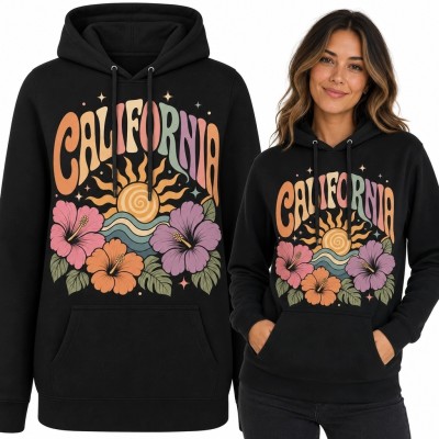 Bluza damska z kapturem z kalifornijskim zachodem słońca „California” - retro fale i kwiaty