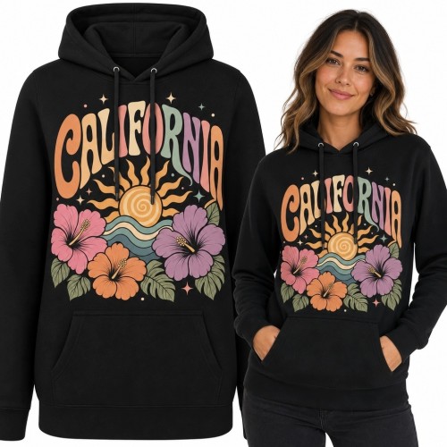Bluza damska z kapturem z kalifornijskim zachodem słońca „California” - retro fale i kwiaty