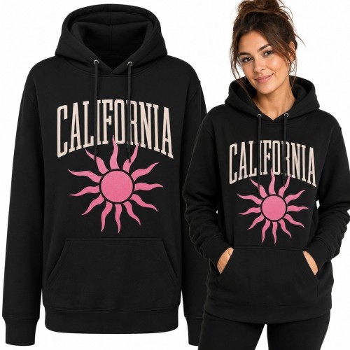 Bluza damska z kapturem z różowym słońcem i napisem „California” - kalifornijski styl