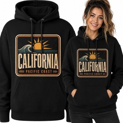 Bluza damska z kapturem z motywem słońca i fali „California - Pacific Coast”