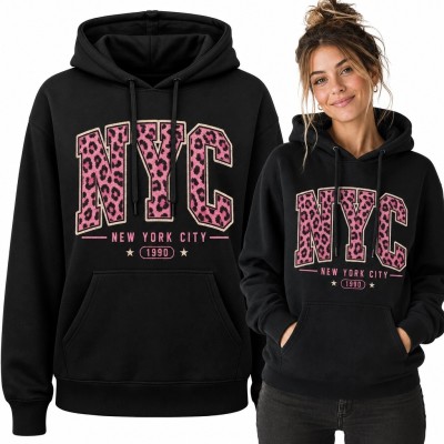 Bluza damska z kapturem „NYC” - różowa panterka i Nowy Jork