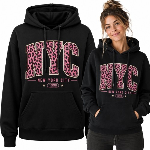 Bluza damska z kapturem „NYC” - różowa panterka i Nowy Jork