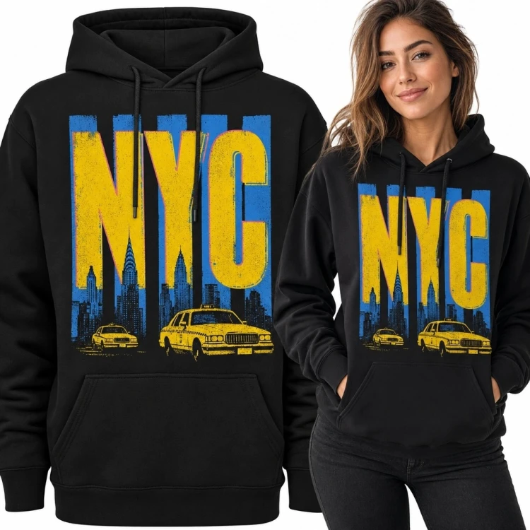 Bluza damska z kapturem „NYC” - panorama Nowego Jorku i żółte taksówki