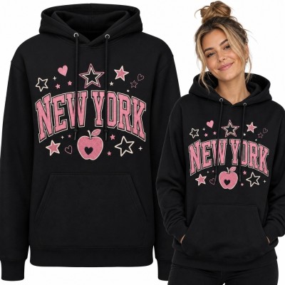 Bluza damska z kapturem z nadrukiem „New York” - różowy motyw varsity