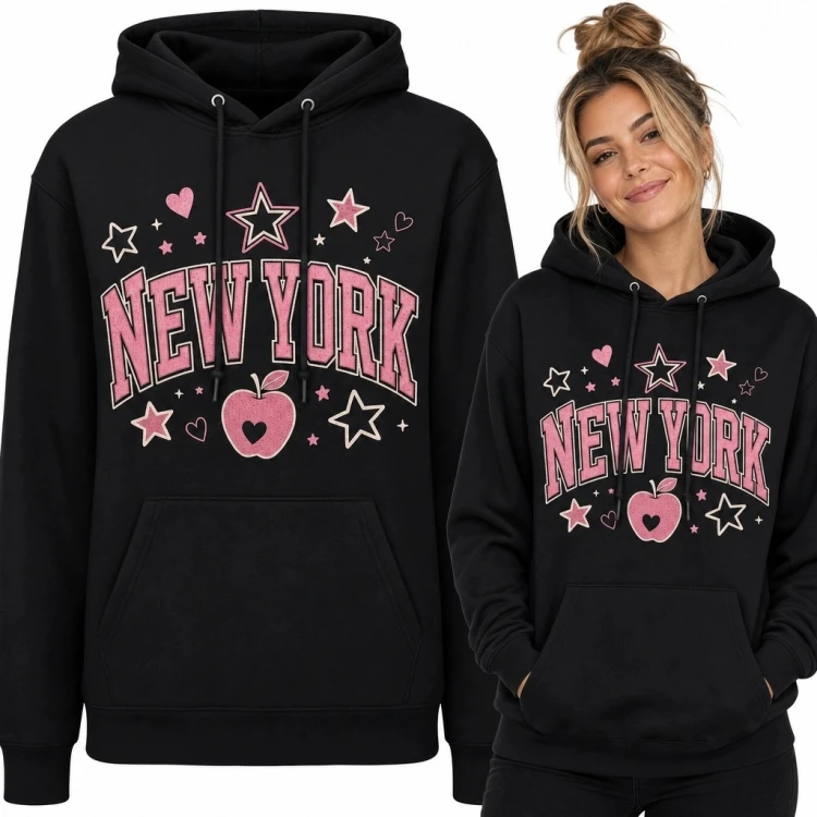 Bluza damska z kapturem z nadrukiem „New York” - różowy motyw varsity