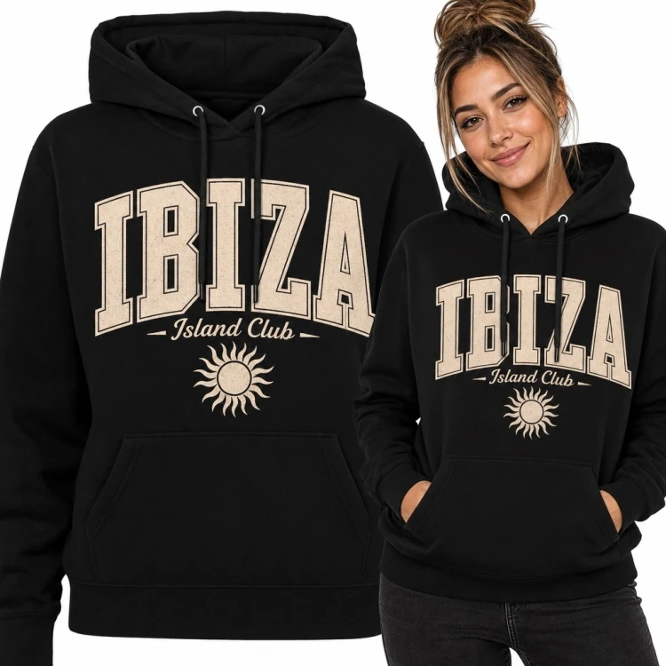Bluza damska z kapturem z motywem Ibizy „Ibiza - Island Club”