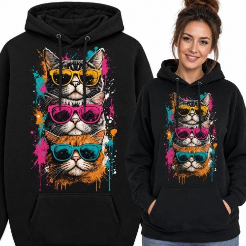 Bluza damska z kapturem - trzy koty w neonowych okularach