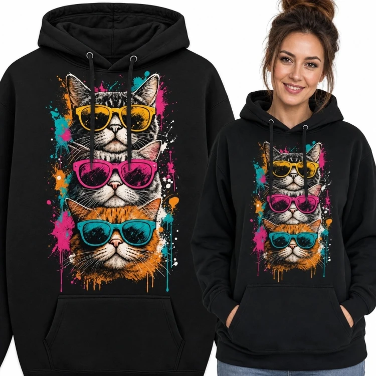Bluza damska z kapturem - trzy koty w neonowych okularach