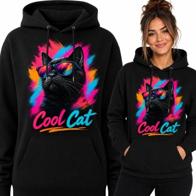 Bluza damska z kapturem z neonowym kotem i napisem „Cool Cat”