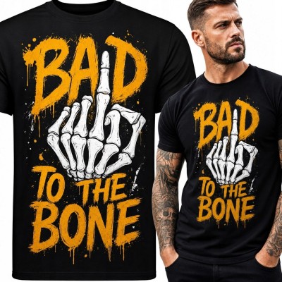 Koszulka męska ze szkieletową dłonią „Bad to the Bone” - buntowniczy nadruk