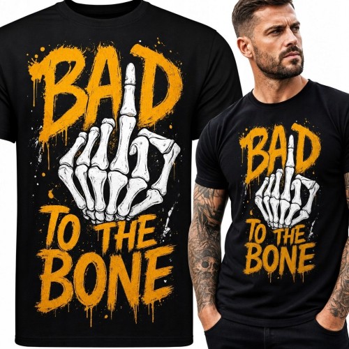 Koszulka męska ze szkieletową dłonią „Bad to the Bone” - buntowniczy nadruk