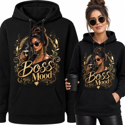 Bluza damska z kapturem z nadrukiem kobiety z kawą „Boss Mood” - czarno-złoty styl glamour