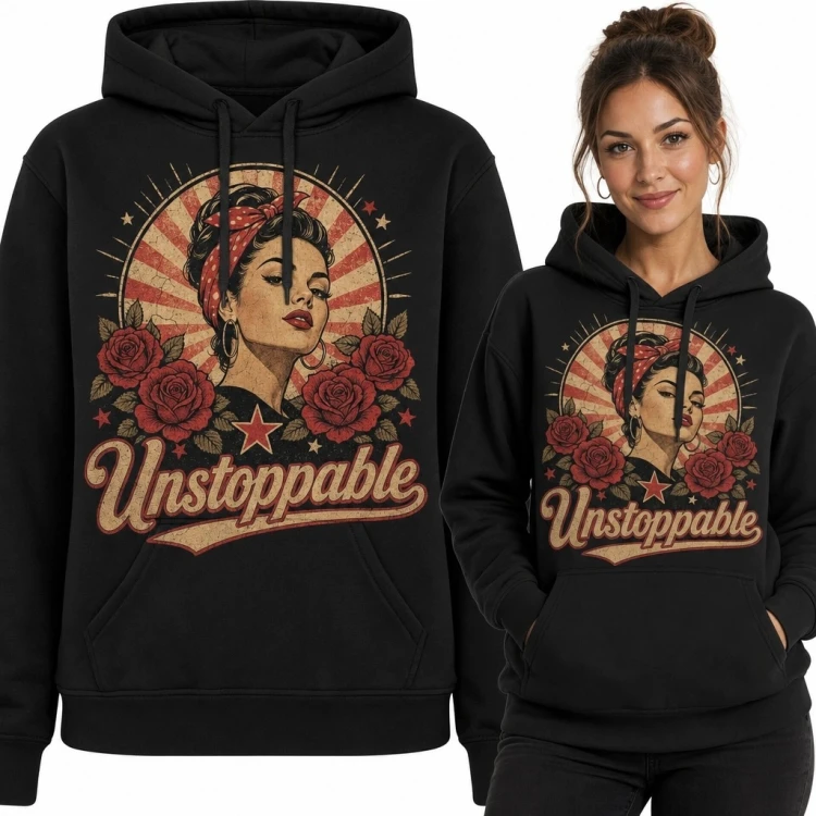 Bluza damska z kapturem „Unstoppable” - retro portret kobiety i róże