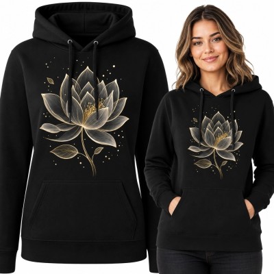Bluza damska z kapturem ze złocistym lotosem - elegancki motyw botaniczny