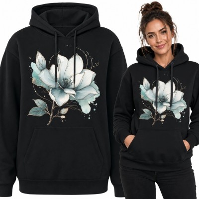 Czarna bluza damska z kapturem - akwarelowa magnolia