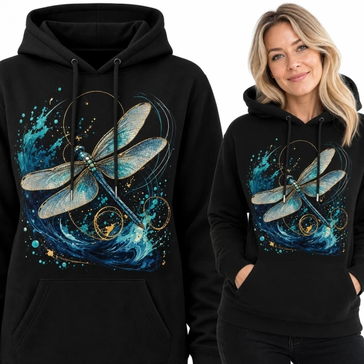 Bluza damska z kapturem - ważka nad turkusową falą