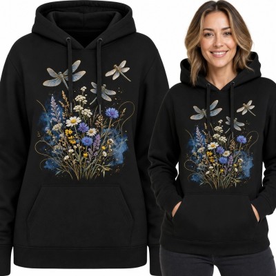 Bluza damska z kapturem - polne kwiaty i ważki