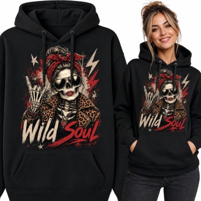 Bluza damska z kapturem z rockową czaszką „Wild Soul” - wzór z panterką