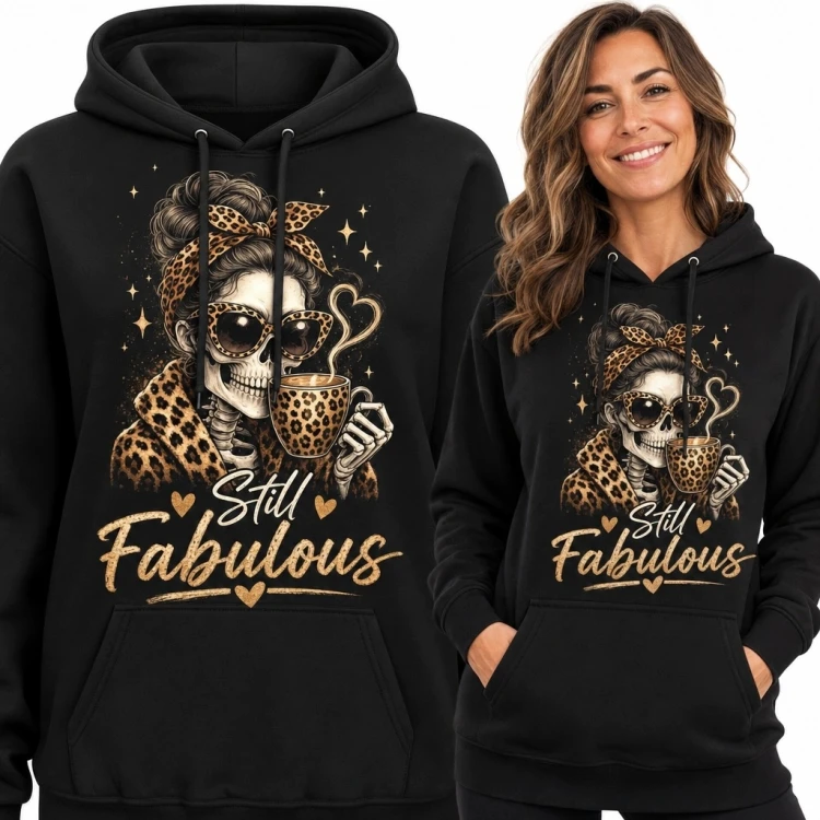 Bluza damska z kapturem - szkielet z kawą „Still Fabulous”