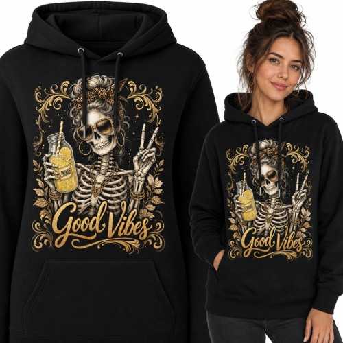 Bluza damska z kapturem ze szkieletem i napisem „Good Vibes” - styl retro