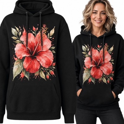 Bluza damska z kapturem - akwarelowy hibiskus
