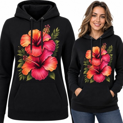 Bluza damska z kapturem - trzy tropikalne hibiskusy