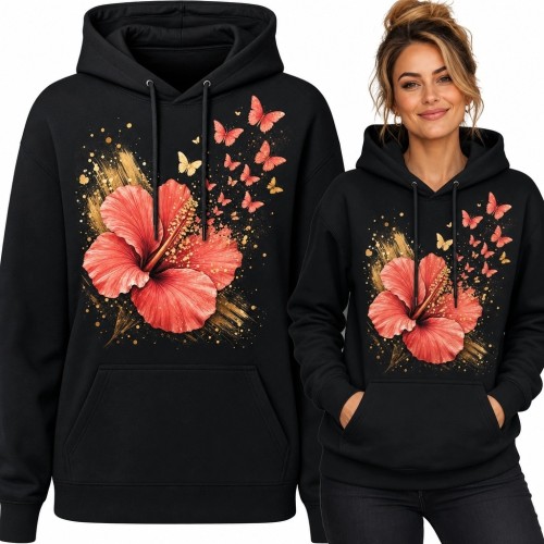 Bluza damska z kapturem z motywem hibiskusa i motyli - koralowy kwiat