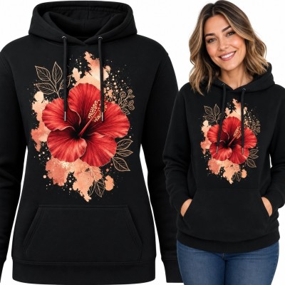 Bluza damska z kapturem - czerwony hibiskus i akwarelowa botanika