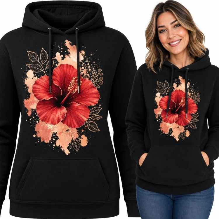 Bluza damska z kapturem - czerwony hibiskus i akwarelowa botanika