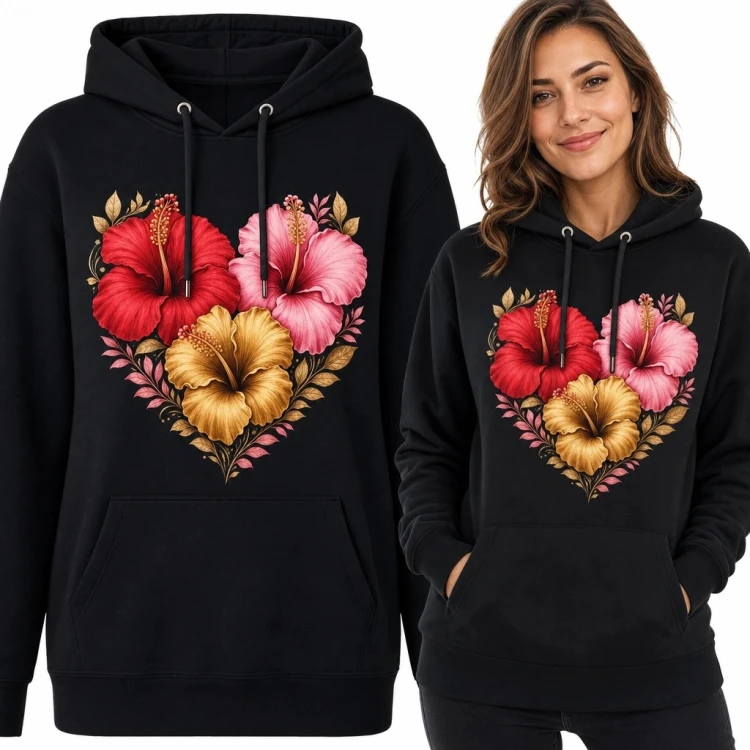 Bluza damska z kapturem - hibiskusy w kształcie serca