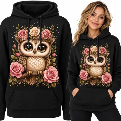 Bluza damska z kapturem - baśniowa sowa wśród róż