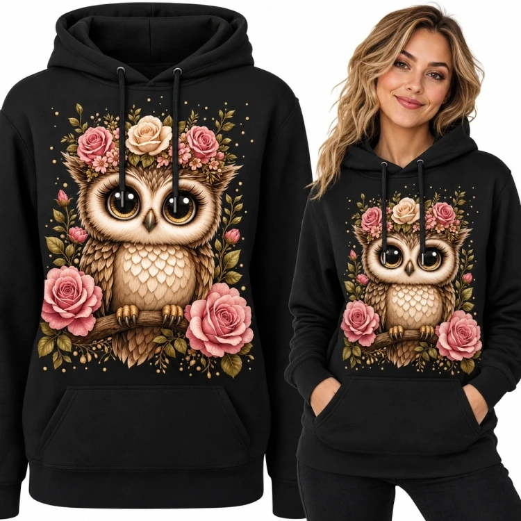 Bluza damska z kapturem - baśniowa sowa wśród róż