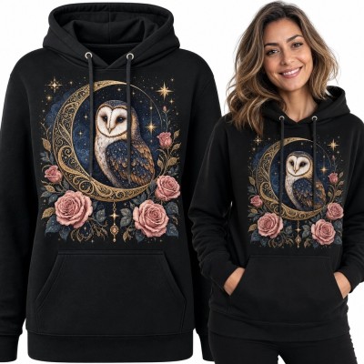 Bluza damska z kapturem - sowa w ornamentalnym półksiężycu z różami