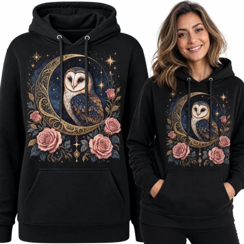 Bluza damska z kapturem - sowa w ornamentalnym półksiężycu z różami